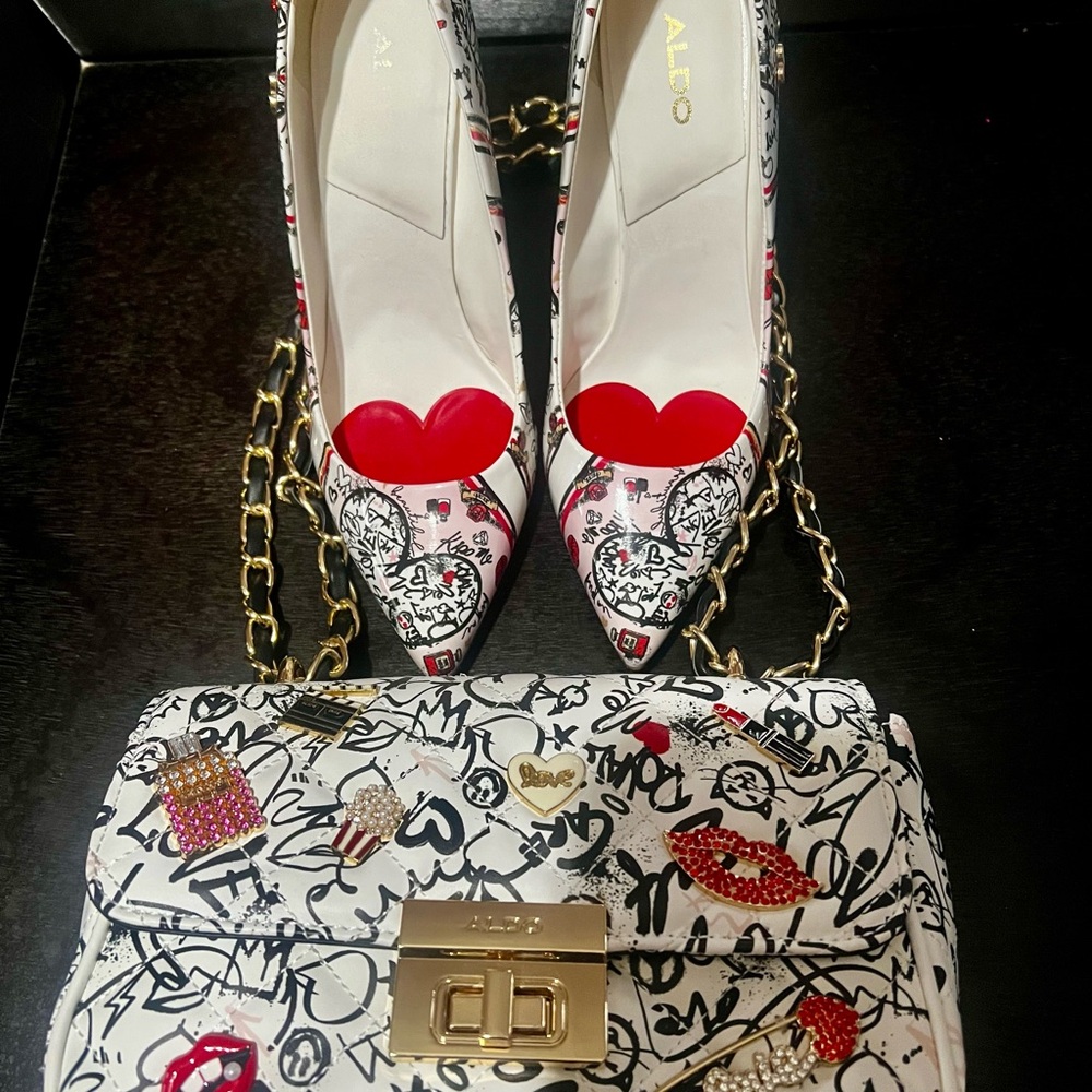 Aldo Graphic Heels and Bag Set with Red Accents